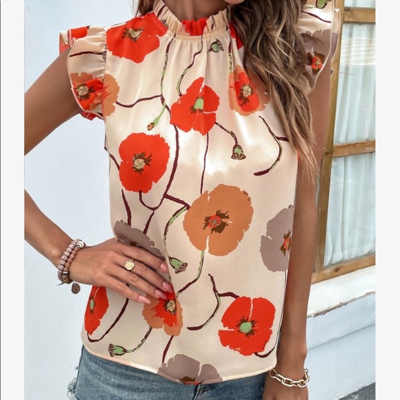 Boho Floral Print Ruffle Flutter Sleeve Blouse Top - Picture 6 of 7